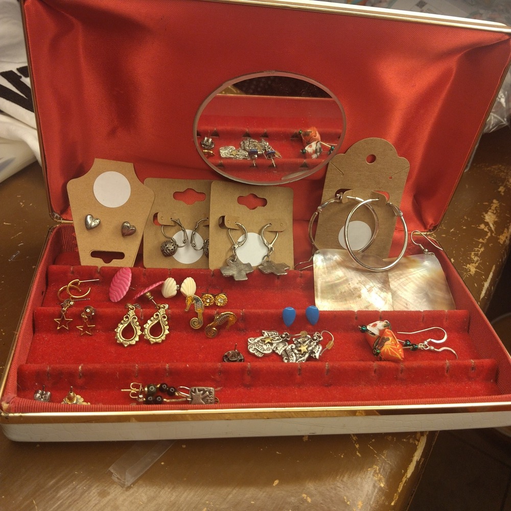 Vintage Earring Lot 15 Pairs Seahorse Cross Mother of Pearl Hoops Jewelry Box